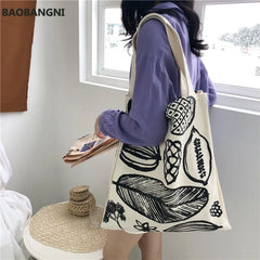 Leaf Print Canvas Shoulder Bag Large Capacity Shopping Handbag