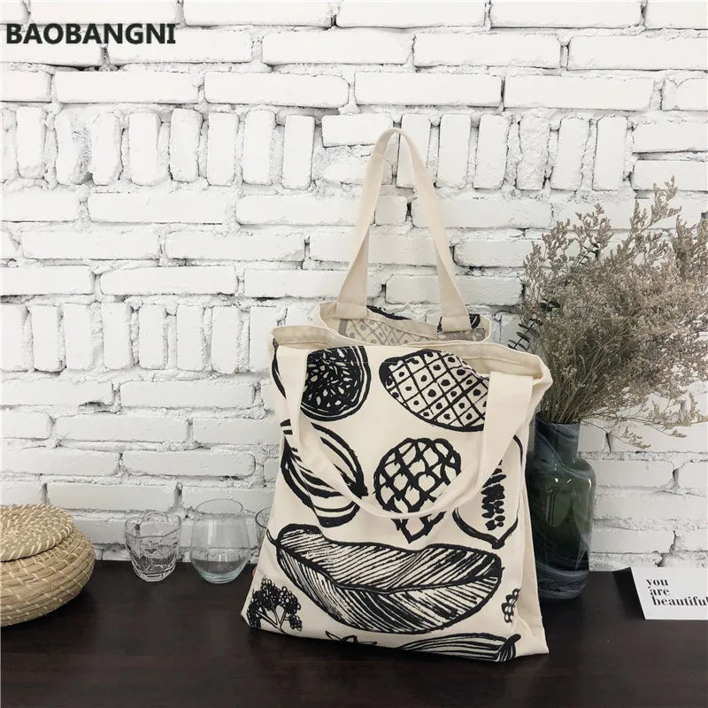 Leaf Print Canvas Shoulder Bag Large Capacity Shopping Handbag