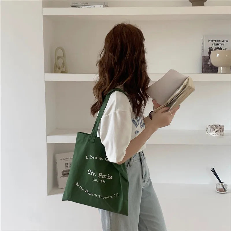 Canvas Shoulder Bag Letters Print Eco Cotton Linen Shopper Handbag Tote