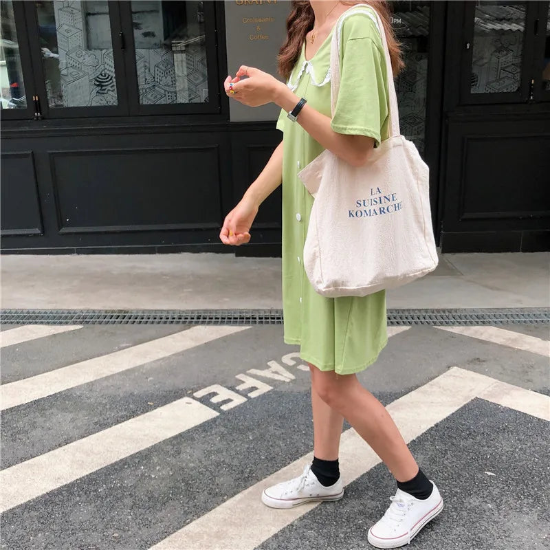 Letters Printing Canvas Shoulder Bag Eco Reusable Cotton Tote Handbag