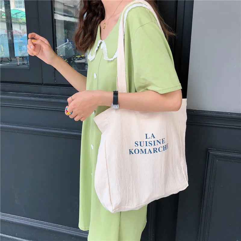 Letters Printing Canvas Shoulder Bag Eco Reusable Cotton Tote Handbag