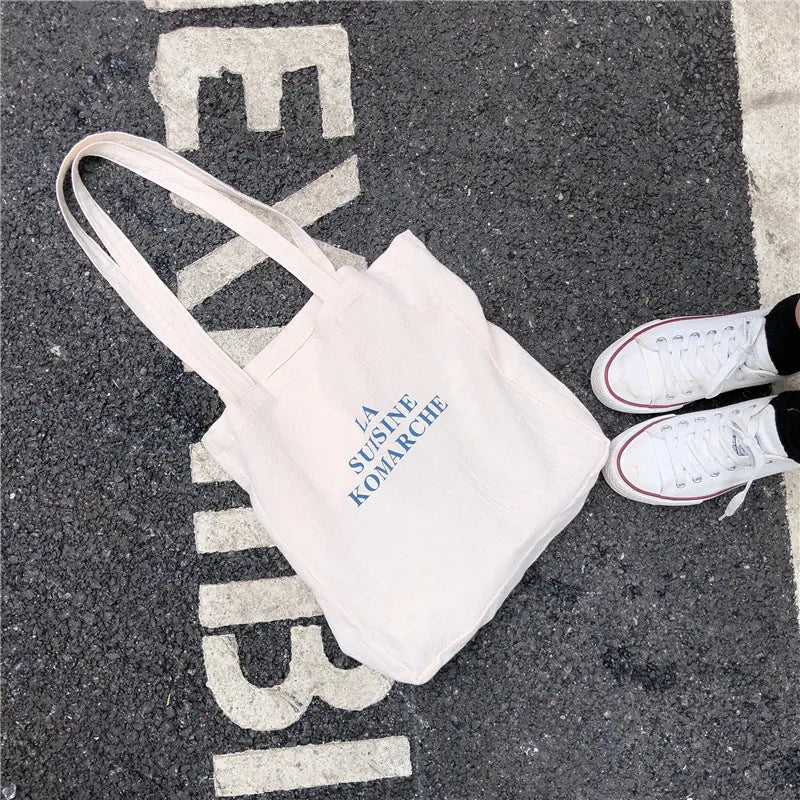 Letters Printing Canvas Shoulder Bag Eco Reusable Cotton Tote Handbag