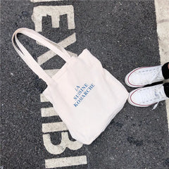 Letters Printing Canvas Shoulder Bag Eco Reusable Cotton Tote Handbag