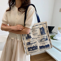 London Books Print Canvas Shoulder Bag, Casual Handbag Tote