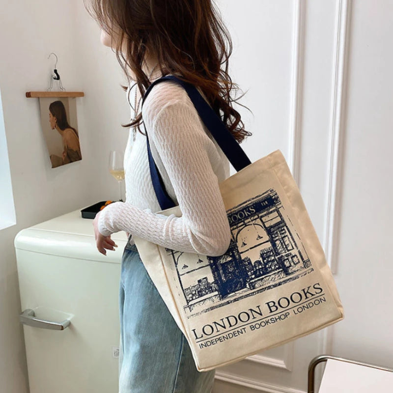 London Books Print Canvas Shoulder Bag, Casual Handbag Tote