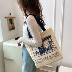 London Books Print Canvas Shoulder Bag, Casual Handbag Tote