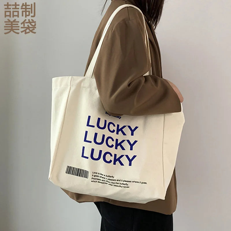 Luckey Print Canvas Shoulder Bag for Women, Large Grocery Tote Handbag