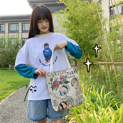 Women Canvas Shoulder Bag Paint Casual Shopper Reusable Handbag
