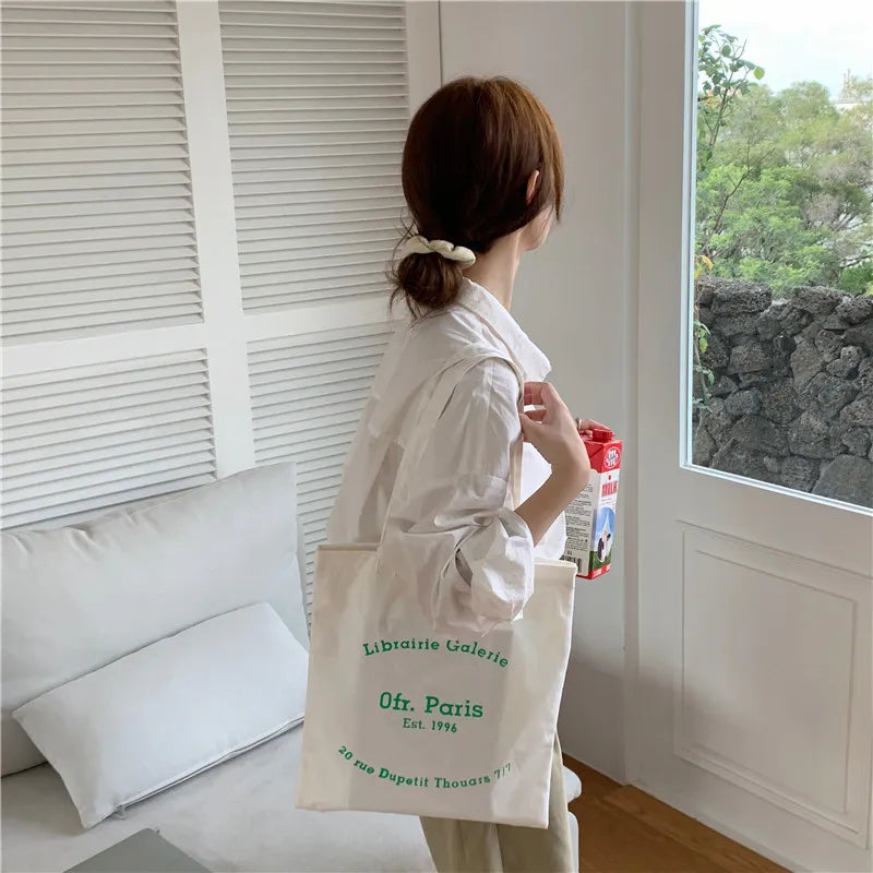 Paris Letters Print Canvas Shoulder Bag Shopper Bag Handbag Tote