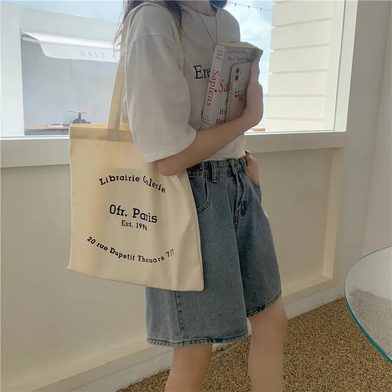 Paris Letters Print Canvas Shoulder Bag - Women's Shopper Handbag