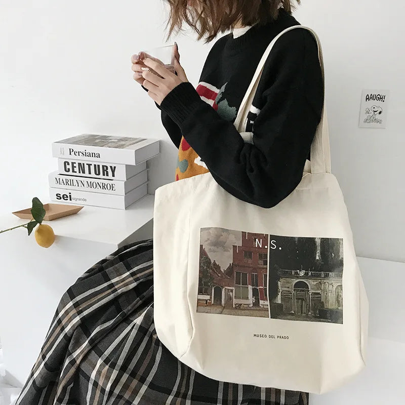 Canvas Shoulder Bag Prado Museum Pictures Printing Tote Casual Handbags