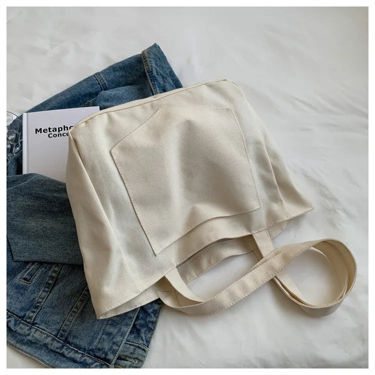Women Canvas Shoulder Bag Solid Handbag Large Capacity Shopping Bag Zipper Tote