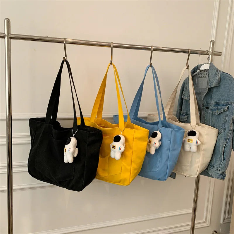 Women Canvas Shoulder Bag Solid Handbag Large Capacity Shopping Bag Zipper Tote