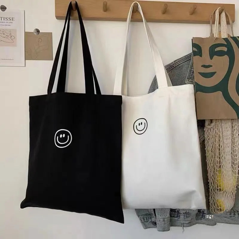 Smiling Face Print Canvas Shoulder Bag Ladies Handbag Tote Large Capacity