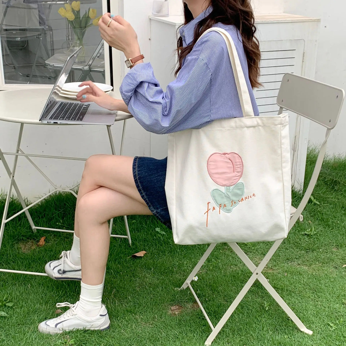 Women Canvas Shoulder Bag Tulip Embroidery Casual Handbag Tote Bag