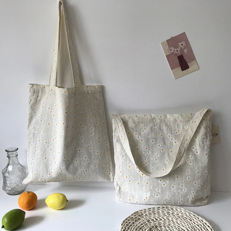 Women Canvas Shoulder Bags Daisy Handbag Casual Tote Literary Books Bag