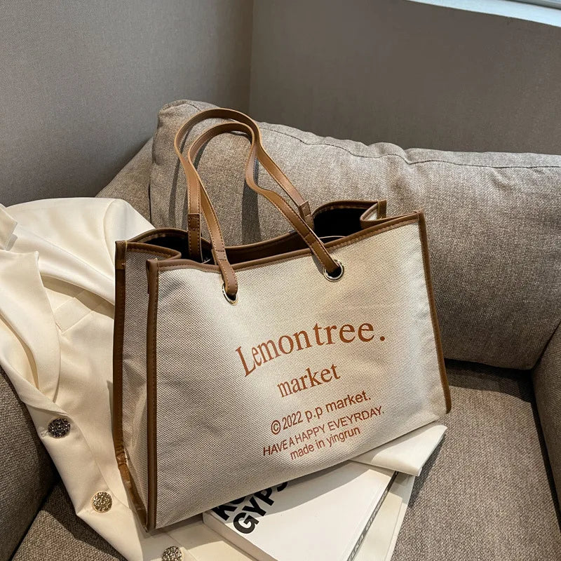 Women Canvas Tote Bag Solid Casual Handbag Large Capacity Cotton Shopping Bag