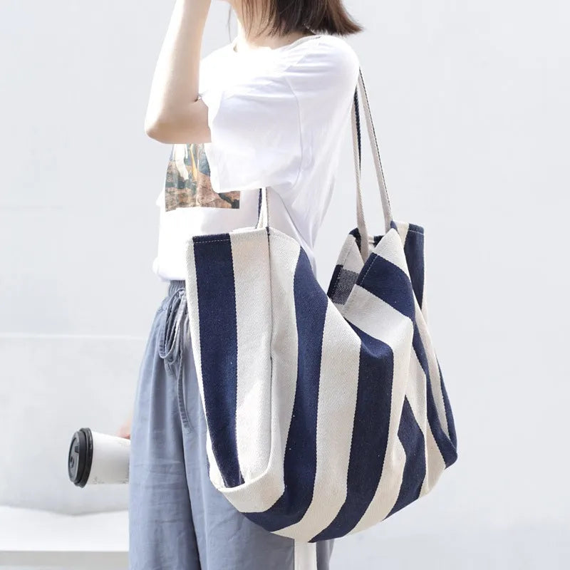 Women Canvas Tote Casual Stripe Shoulder Bag Foldable Reusable Shopping Beach