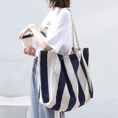 Women Canvas Tote Casual Stripe Shoulder Bag Foldable Reusable Shopping Beach