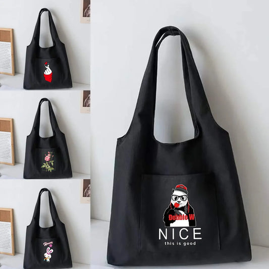 Women Canvas Vest Bag Large Capacity Tote Cartoon Print Shopping Bag