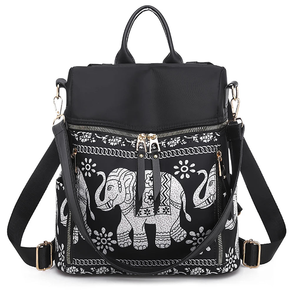Women Casual Backpack Anti-Theft Schoolbag Elephant Printed Shoulder Backpack