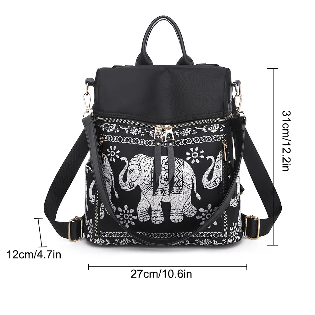 Women Casual Backpack Anti-Theft Schoolbag Elephant Printed Shoulder Backpack
