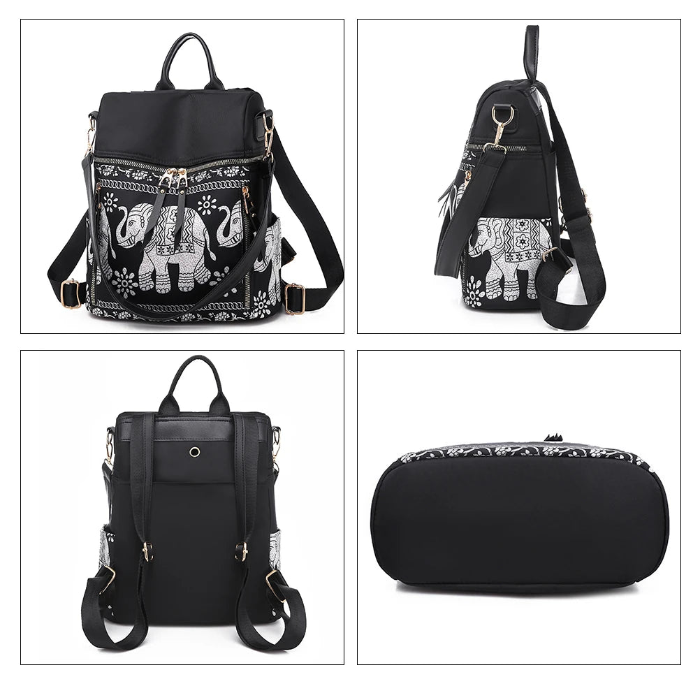 Women Casual Backpack Anti-Theft Schoolbag Elephant Printed Shoulder Backpack