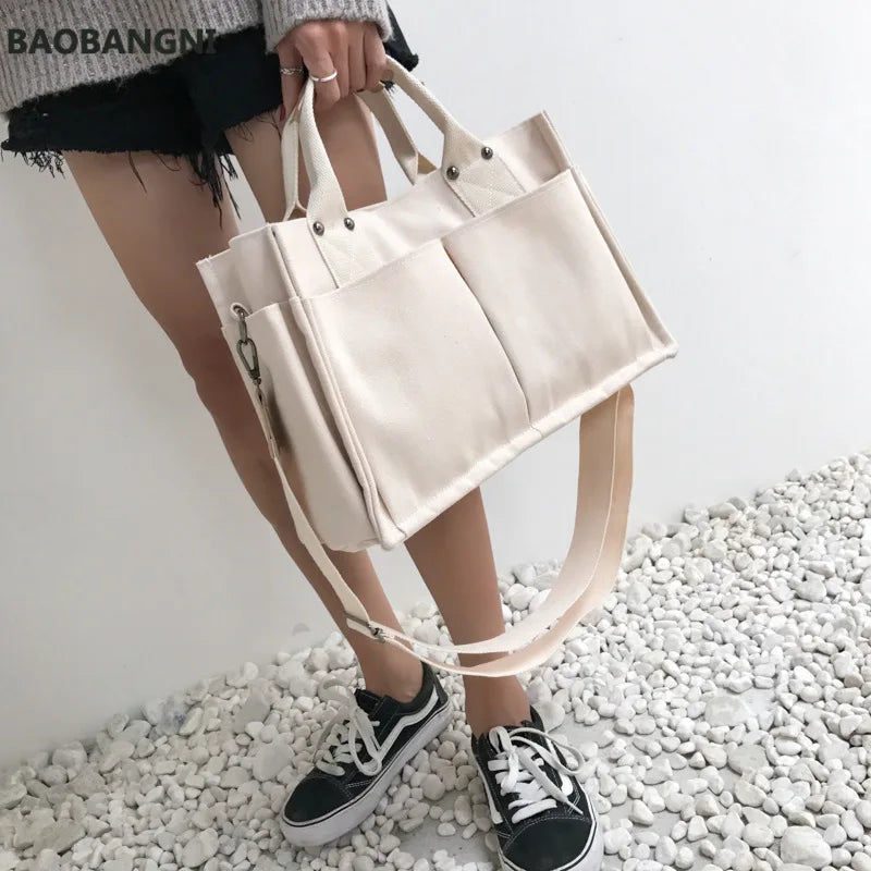 Casual Canvas Shoulder Bag with Pockets