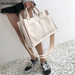 Casual Canvas Shoulder Bag with Pockets