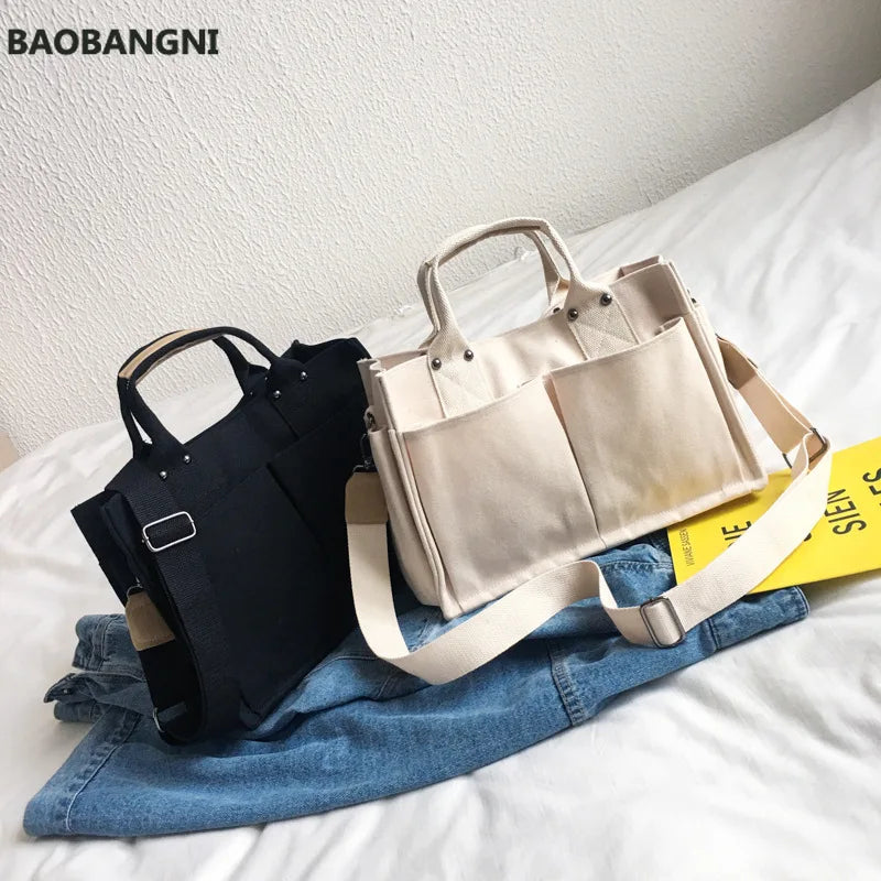 Casual Canvas Shoulder Bag with Pockets