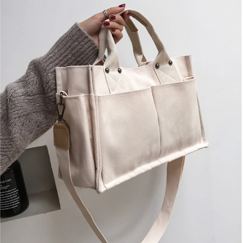 Casual Canvas Shoulder Bag with Exterior Pockets