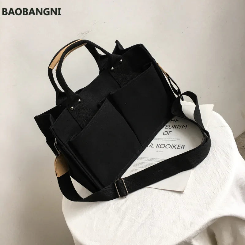 Casual Canvas Shoulder Bag with Pockets