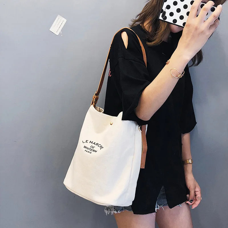 Casual Canvas Shoulder Bag with PU Leather Strap for Women