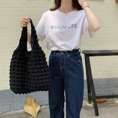 Women Casual Cloud Bubble Fabric Shoulder Bag Solid Canvas Handbags