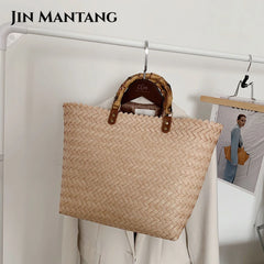 Women Casual Handbag Woven Beach Straw Rattan Tote Bag