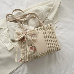 Embroidered Flower Bowknot Patchwork Shoulder Bag for Daily Shopping