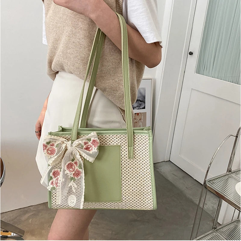 Embroidered Flower Bowknot Patchwork Shoulder Bag for Daily Shopping