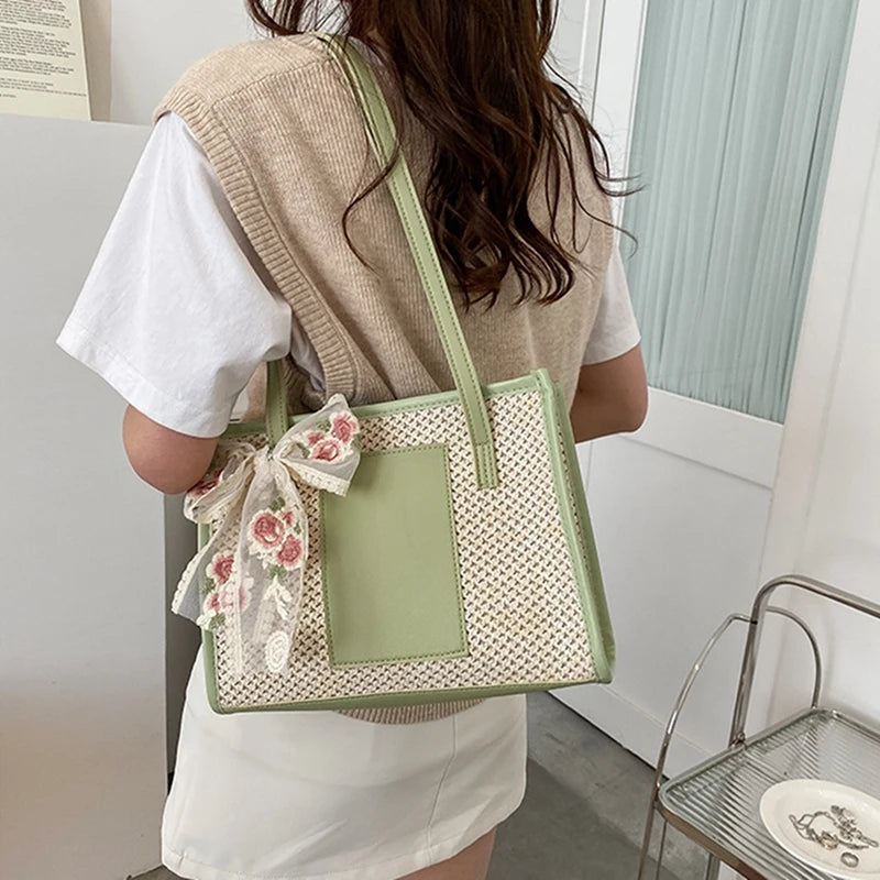 Embroidered Flower Bowknot Patchwork Shoulder Bag for Daily Shopping