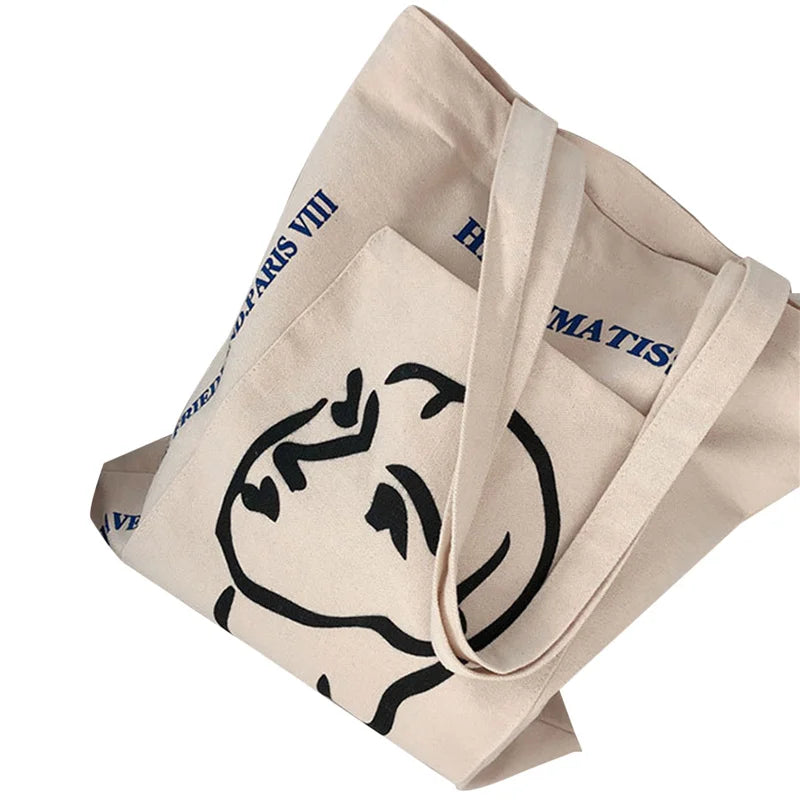 Casual Shoulder Bag, Female Head Print Handbag Tote - White