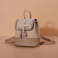 Women Casual Straw PU Backpack Patchwork Horn button Decor Multifunction