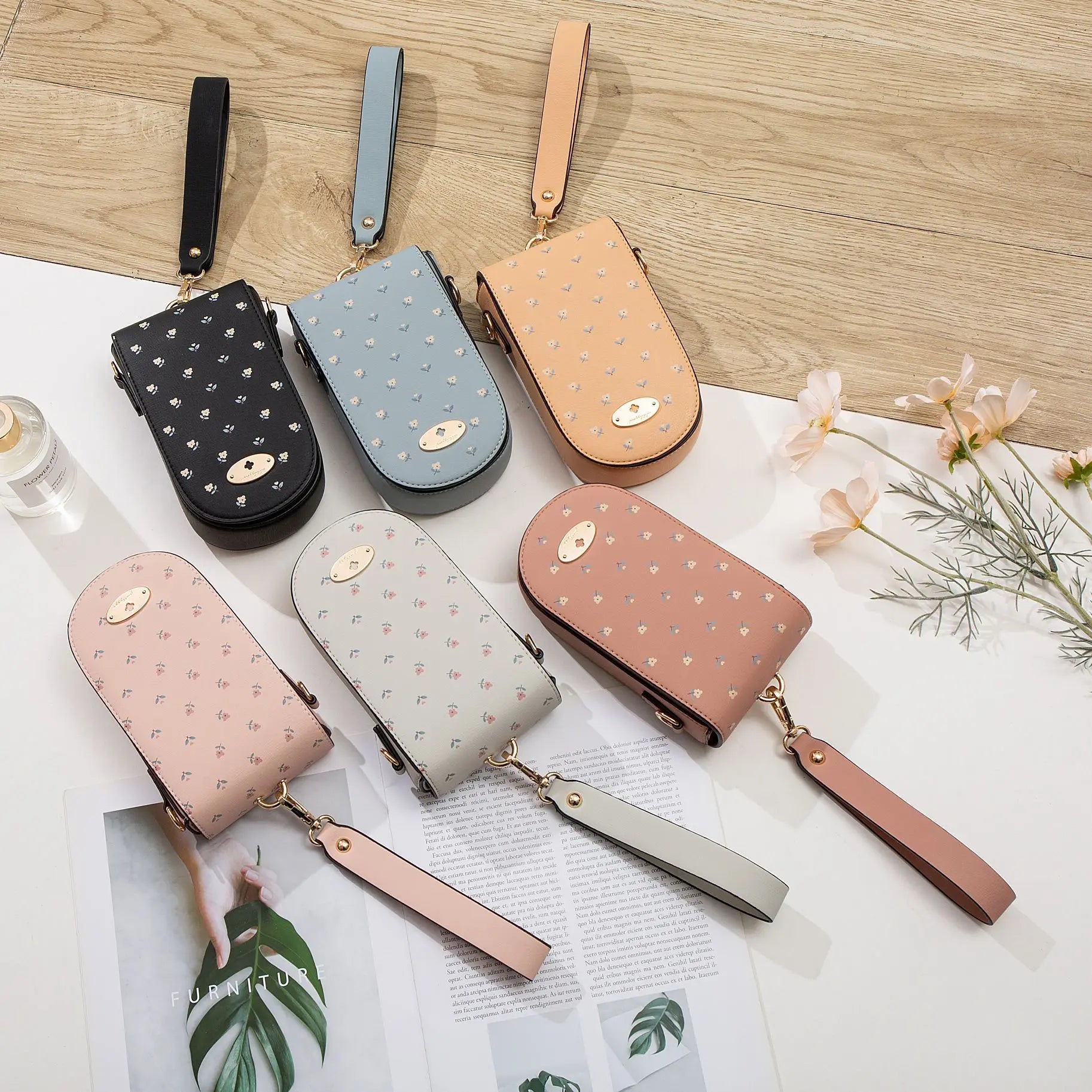 Floral Cell Phone Purse Wallet with Shoulder Strap