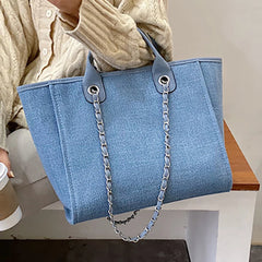Women Canvas Chain Tote Bag Shoulder Casual Beach Handbags