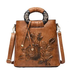 Chinese Floral Print Shoulder Bag Faux Leather Handbag Large Capacity