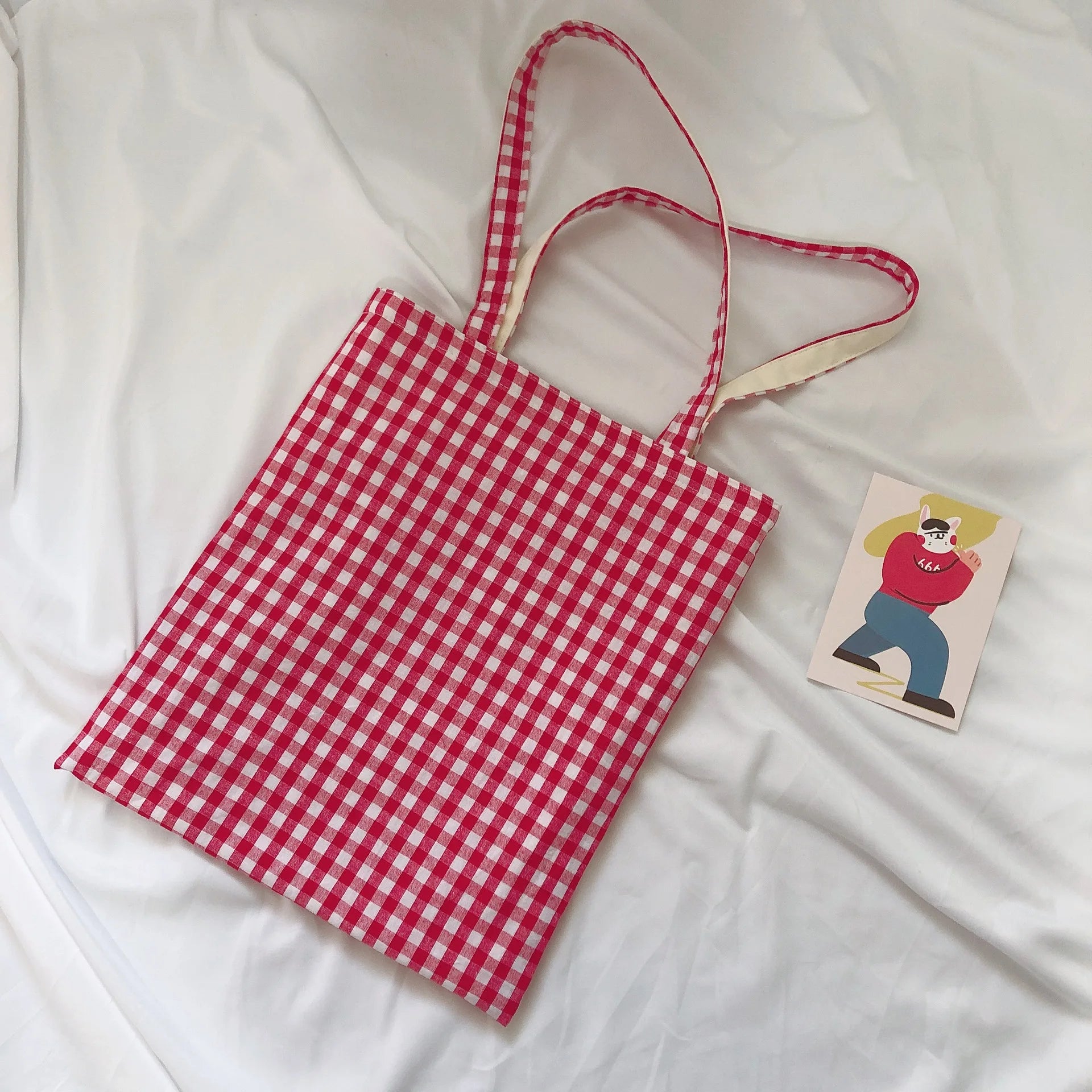 Plaid Canvas Shoulder Bag Eco-Friendly Large Shopping Handbag