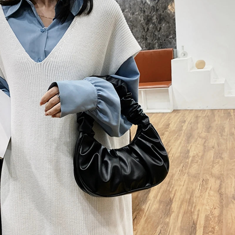 Soft PU Leather Pleated Underarm Bag Women Cloud Handbag