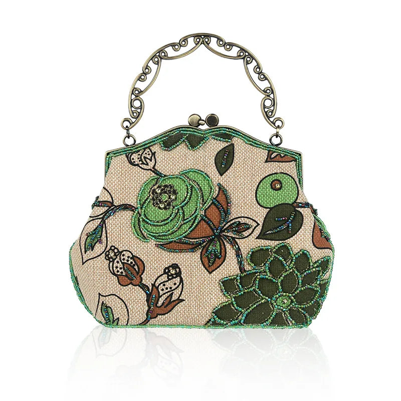 Vintage Flower Embroidery Linen Evening Bag Wedding Party Ladies Clutch