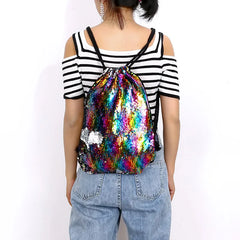 Colorful Sequin Drawstring Backpack Mermaid Beach Bag Glittering School Bag
