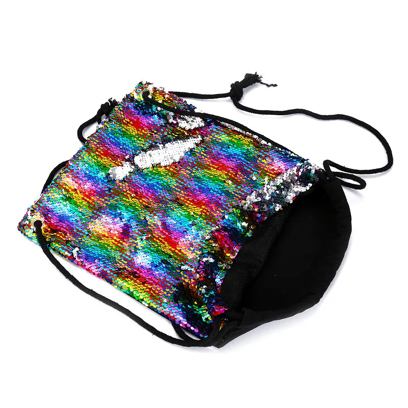 Colorful Sequin Drawstring Backpack Mermaid Beach Bag Glittering School Bag
