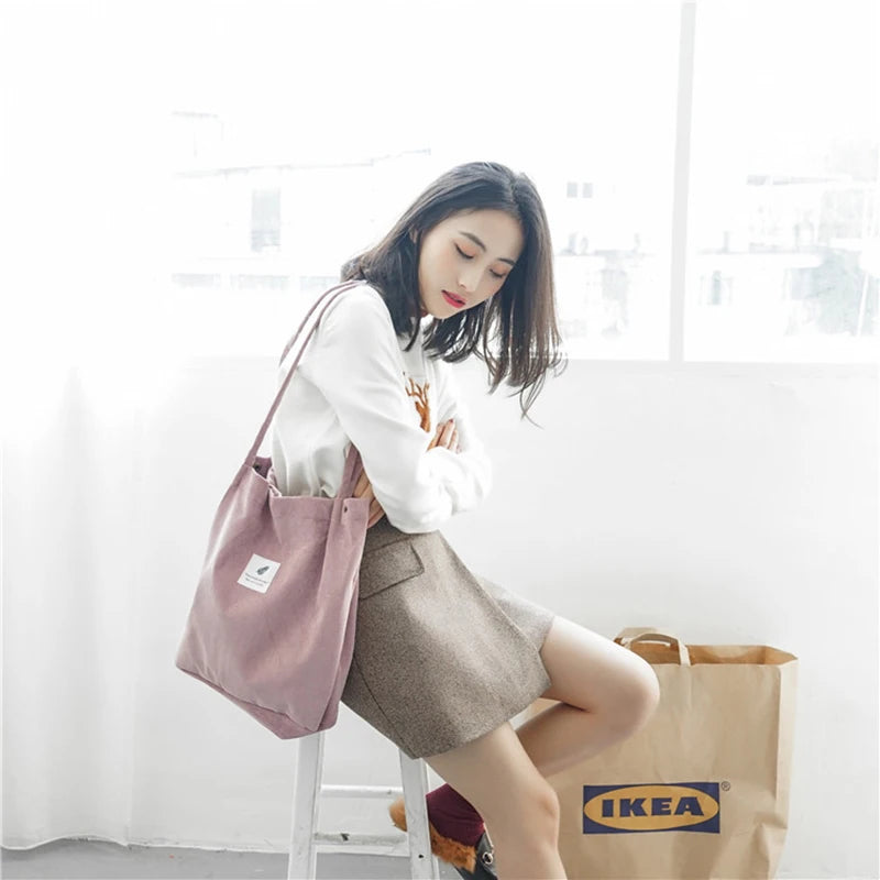Women Corduroy Canvas Tote Handbag Female Cloth Shoulder Bags