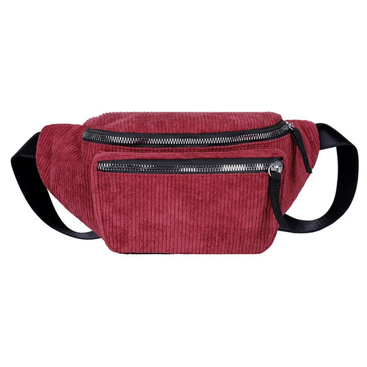 Women Corduroy Large Waist Bag Causal Zipper Chest Bag Warm Canvas Fanny Pack